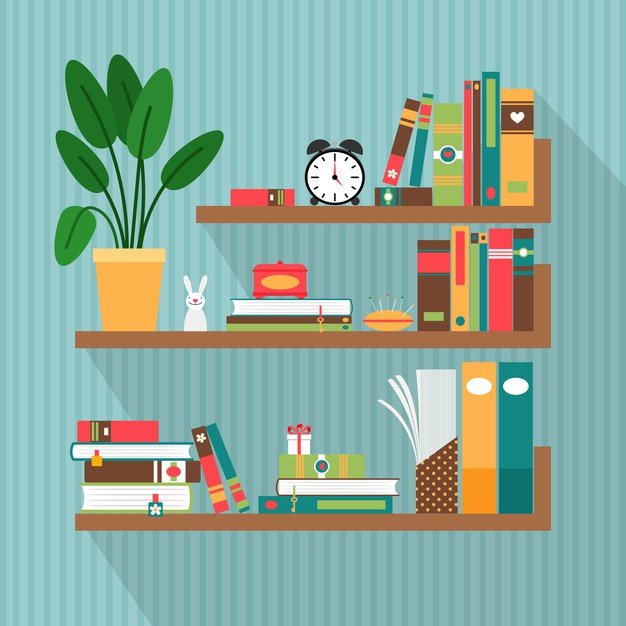 Illustration of bookshelves and library interior with stacks of books and study materials