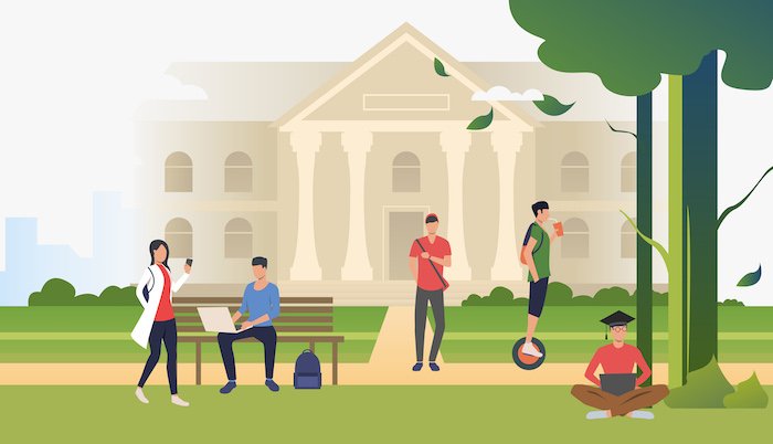 Illustration of a US university campus with students at a college library