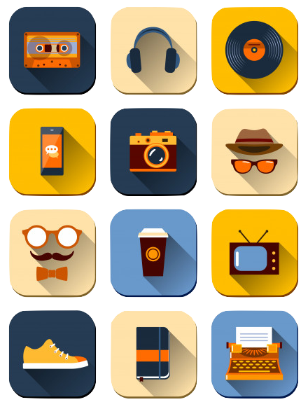 Set of hobby and activity icons — photography, music, books, sports, gaming, art