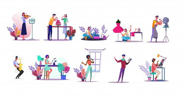 Illustration of different vocations and hobbies — drawing, music, sports, science, cooking