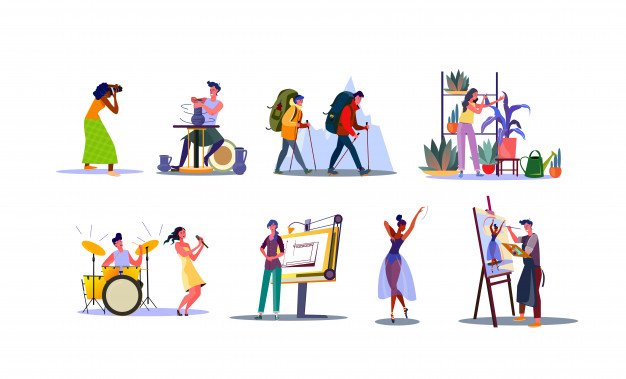 Illustration of young people in various professions — doctor, engineer, teacher, scientist, designer